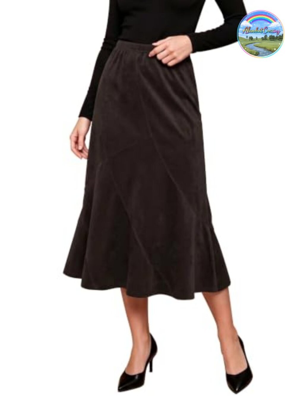 Faux Suede High Waisted A Line Midi Skirt for Women - Flared Hem, Dance